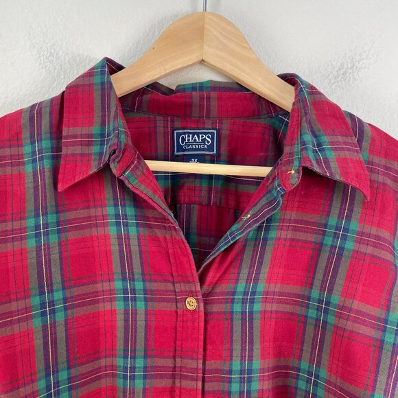 Chaps Classics Womens Plaid Cotton Shirt 2X Red & Green Long Sleeve Button-Up - Picture 6 of 8